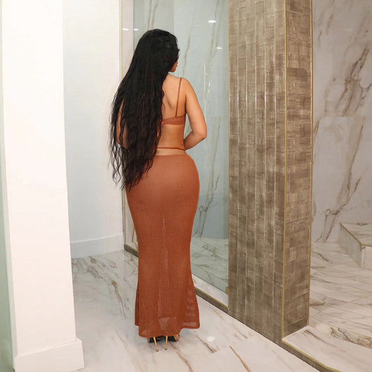 White see-through bikini skirt suit with a mesh bralette top and sheer knit maxi skirt with gold chain details. - Image 14