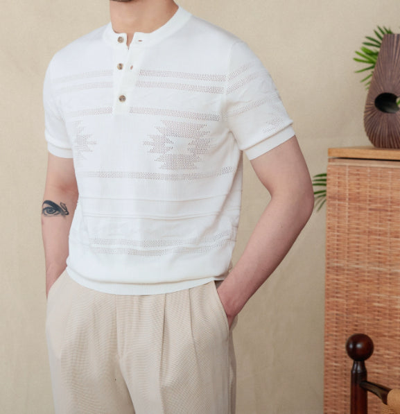 Camisa Henley Tejida Retro Americana Slim Fit Manga Corta - Image 3