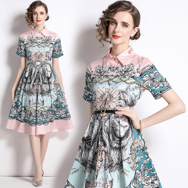Vestido Floral con Cuello Estructurado y Falda Plisada Voluminosa
