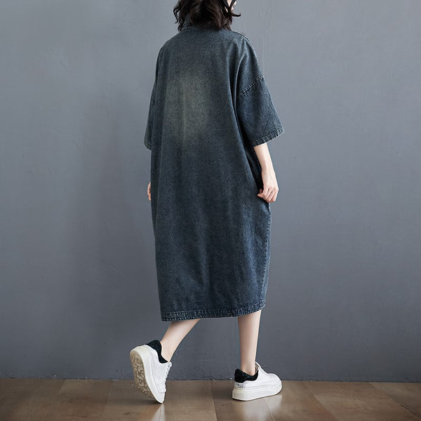 Vestido Denim Suelto Literario Vintage con Costuras Artesanales
