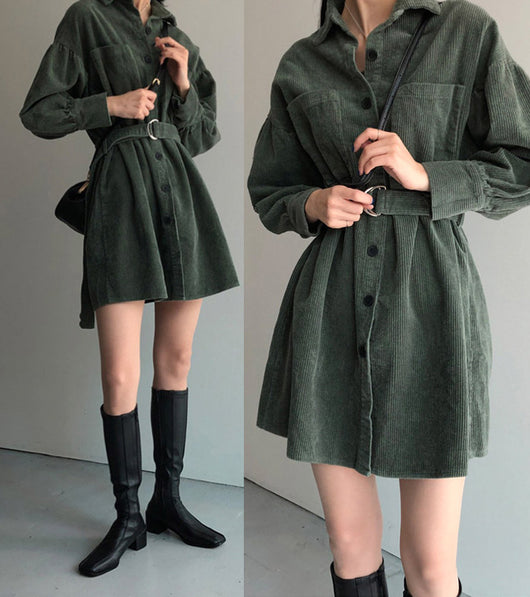 Vestido Camisero Acolchado con Cinturón en Pana - Largo Midi - Image 3