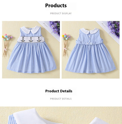 Vestido Infantil de Verano sin Mangas con Cuello de Muñeca y Smocking Bordado - Image 9