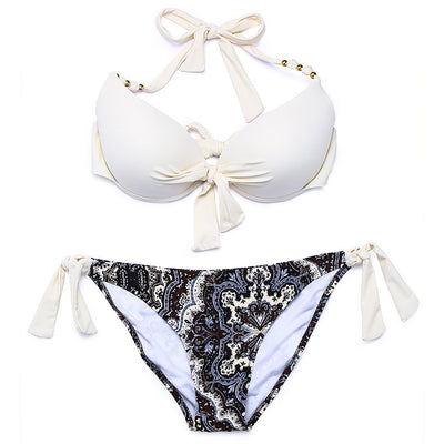 Hot pink halter bikini top with front knot and gold beads, paired with a colorful paisley tie-side bikini bottom. - Image 9