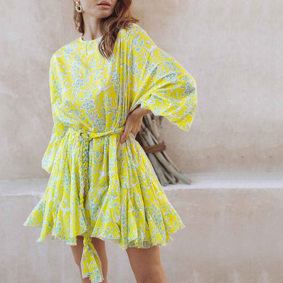 Vestido Resort con Mangas Abullonadas, Escote Redondo y Detalle de Cordones - Image 9