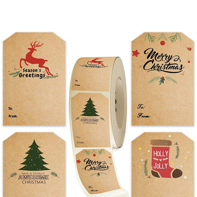 Kraft paper Christmas holiday gift sticker roll with various designs including reindeer, Christmas trees, and Merry Christmas text. - Image 2
