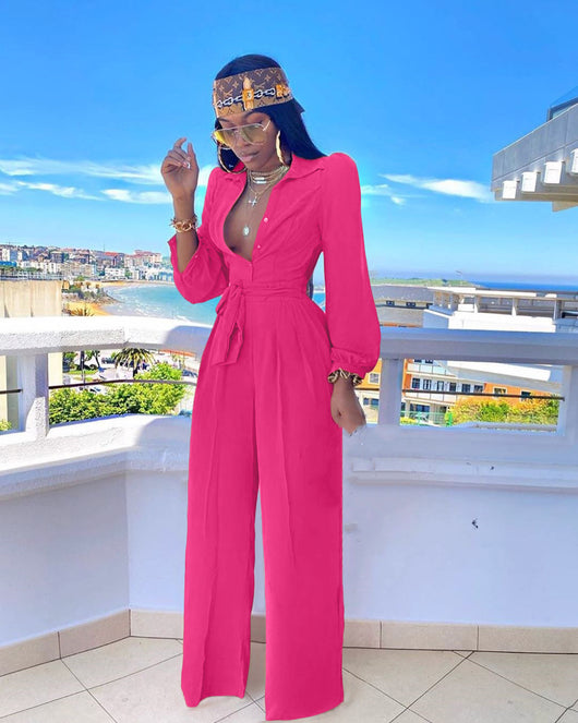 Jumpsuit Casual de Color Liso con Cuello Camisero y Cinturón - Image 6