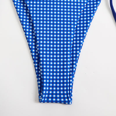 Blue and white gingham plaid bikini swimsuit with triangle top and thong bottom, featuring white tie straps and bows. - Image 41
