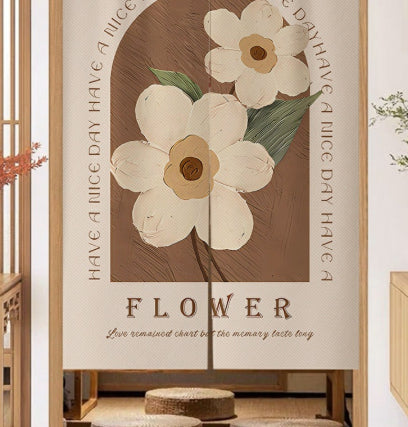 Cream door curtain with peach tulip floral design, green leaves, and "HAVE A NICE DAY" arched text. - Image 2
