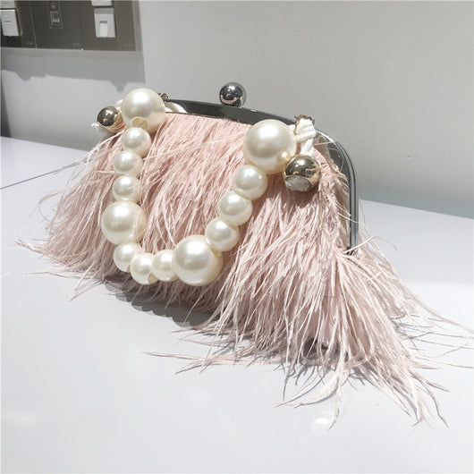 Bolso Bandolera de Plumas de Avestruz con Cadena de Perlas para Mujer - Image 7