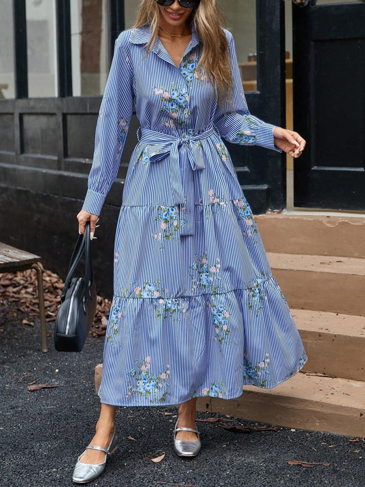 Vestido Camisero Largo con Estampado de Flores a Rayas - Image 2