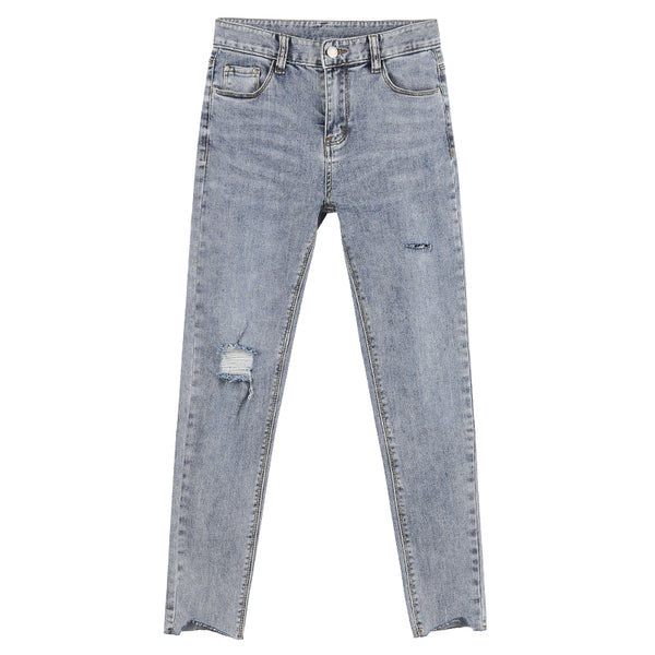 Pantalones Vaqueros Rotos Azul Claro Ajustados para Mujer - Corte Lápiz Largo