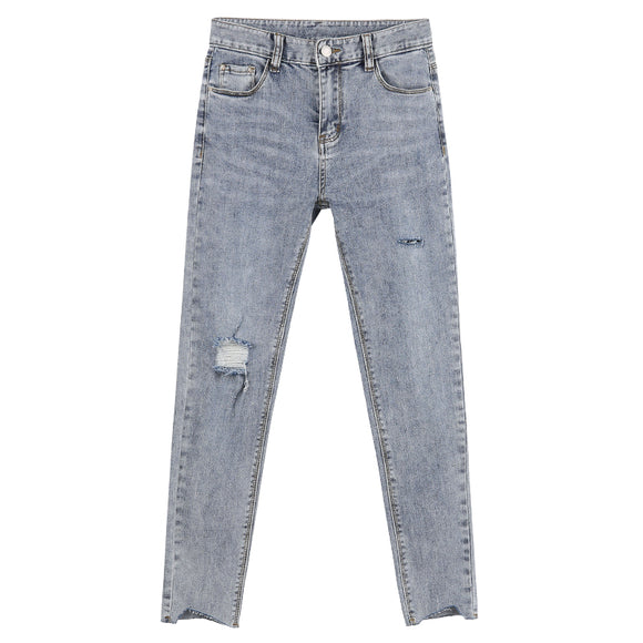 Women's Light Blue Slim Fit Ripped Jeans - Pencil Cut Long