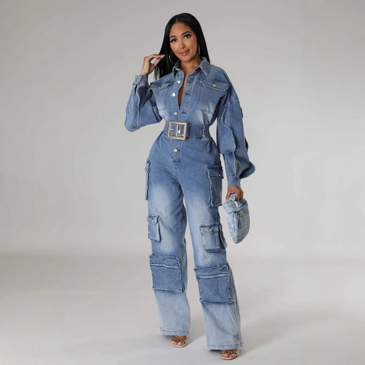 Jumpsuit Denim Overol Lavado Vintage con Múltiples Bolsillos