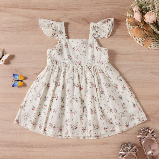 Vestido Infantil Tricolor Floral con Mangas Aleteo