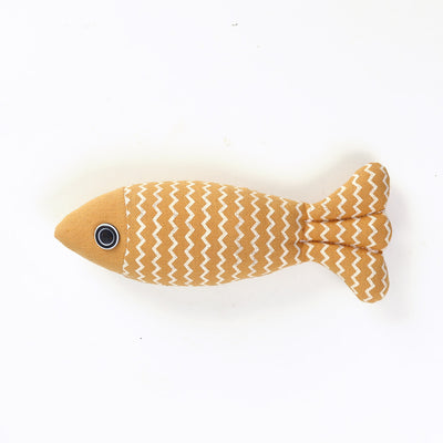 Yellow linen fish cat toy with white zigzag pattern and black and white eye detail on a white background. - Image 10