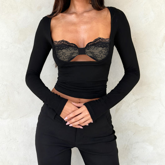 Blusa Larga con Panel de Encaje y Efecto Dos Piezas para Mujer - Image 8