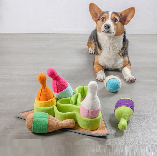 Colorful pet puzzle toy with bowling pin shapes and a chicken drumstick, designed for slow feeding and training.