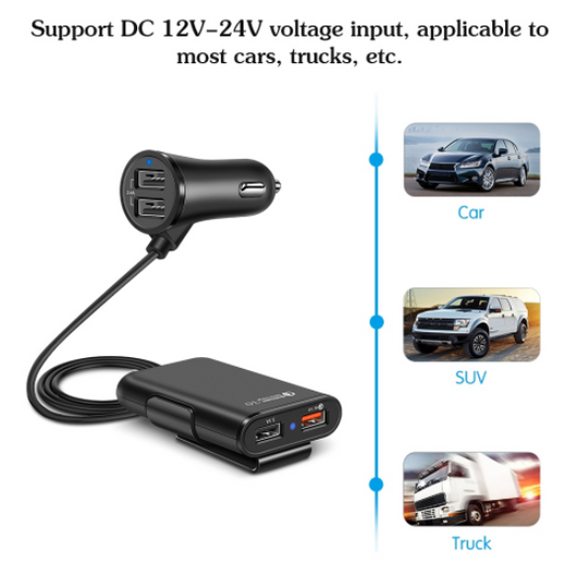 Cargador de Auto con 4 Puertos USB QC3.0 para Asiento Trasero con Cable y Soporte - Image 5
