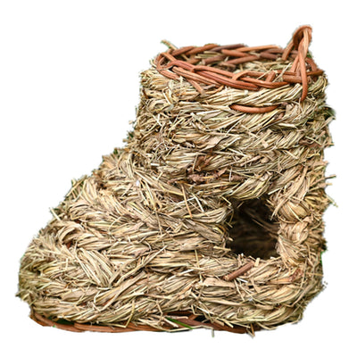 Hand-woven bird nest made from natural grass fibers, featuring a cylindrical shape with multiple openings and a hanging loop. - Image 9