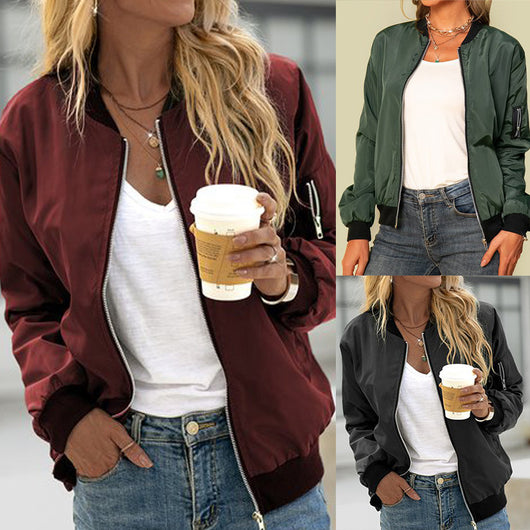 Chaqueta Exterior Mujer de Color Sólido con Cierre - Estilo Europeo Otoño