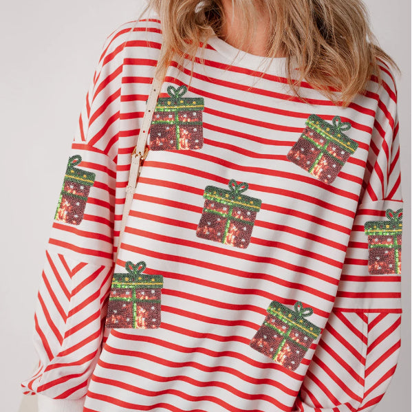 Sudadera Navideña con Lentejuelas y Rayas Naranjas - Hombros Caídos