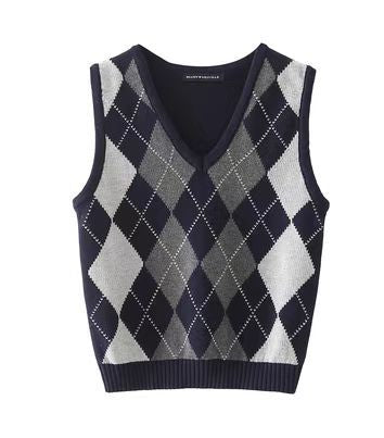 Chaleco Tejido Cuadros Diamante Estilo Preppy Retro Versátil - Image 22
