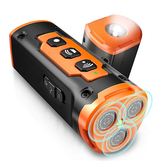 Black handheld ultrasonic dog deterrent device with three sonic emitters and an LED flashlight on a white background. - Image 2