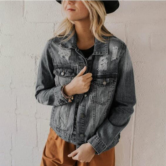 Chaqueta Vaquera Ajustada Efecto Desgastado para Mujer