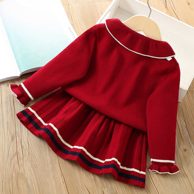 Conjunto Infantil Coreano Cardigan Tejido Liso Dos Piezas con Falda - Image 6