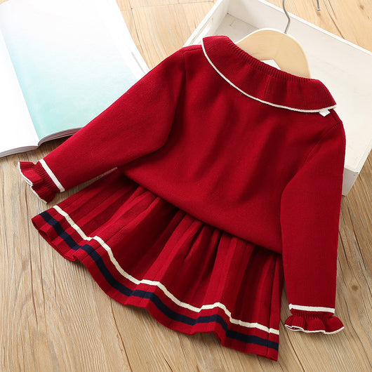 Conjunto Infantil Coreano Cardigan Tejido Liso Dos Piezas con Falda - Image 6