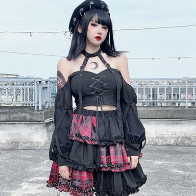 Falda Puff Cintura Alta Cuadros Rojo Estilo Punk Rock - Image 8
