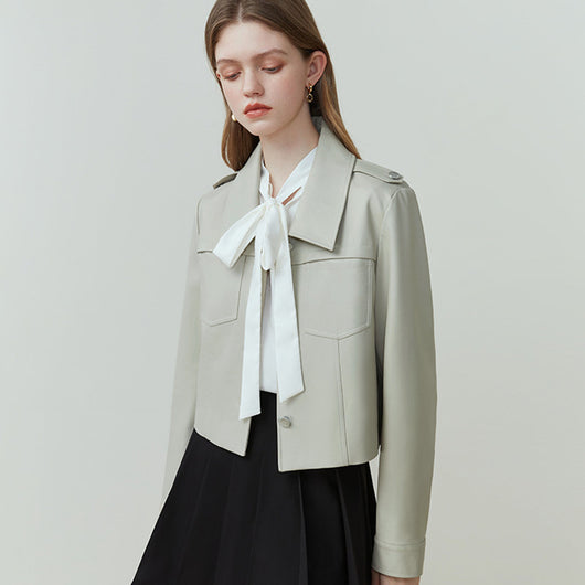 Chaqueta de Cuero PU con Solapa Corta para Mujer