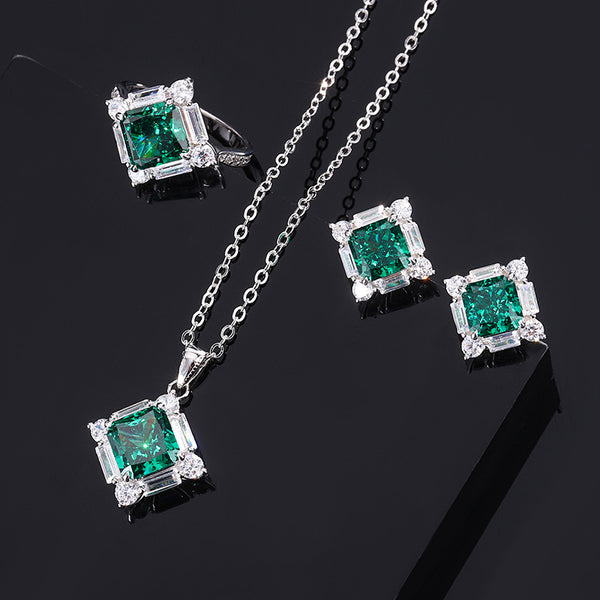 Conjunto de Anillo Plata 925 Esmeralda y Diamante Princesa Cuadrado