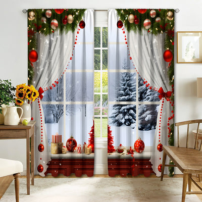 Christmas curtain with a snowy village scene, Santa Claus, flying reindeer, and piles of wrapped gifts. - Image 17