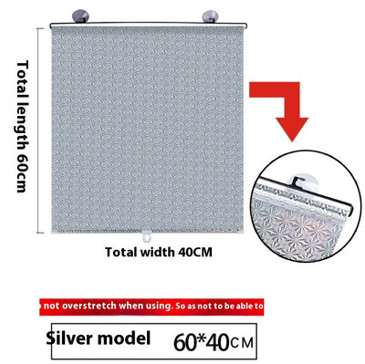 Black perforated roller blind with suction cups for window sun protection, measuring 60x40cm, shown extended. - Image 34