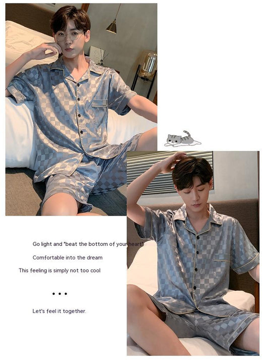 Pijama Hombre Verano Seda Hielo Talla Grande Manga Corta Jacquard Suave - Image 15