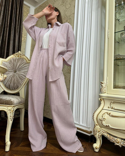 Conjunto Elegante de Camisa Holgada con Cordones y Pantalón Ancho - Image 14