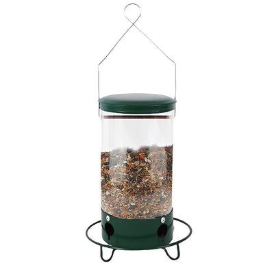Green and clear tube hanging bird feeder with a metal wire hanger, designed for attracting hummingbirds. - Image 10
