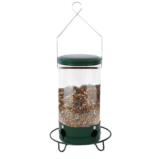 Green and clear tube hanging bird feeder with a metal wire hanger, designed for attracting hummingbirds. - Image 10