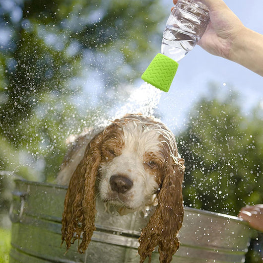 Lime green silicone pet shower head tool with a textured, non-slip surface and threaded interior for easy attachment. - Image 14
