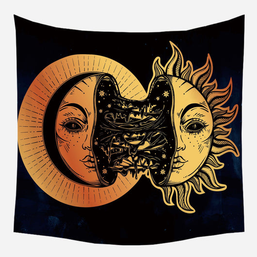 Golden crescent moon and woman silhouette tapestry with a floral crown against a dark blue starry background. - Image 69