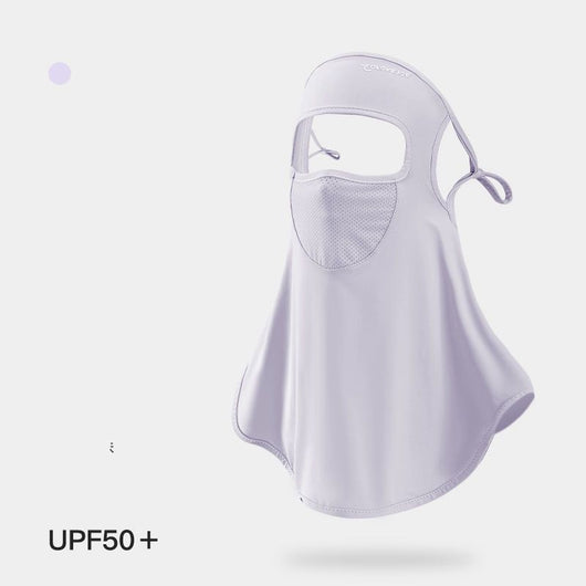 Light grey women's ice silk sunscreen mask with a brim, ear loops, and mesh mouth for UPF50+ UV protection. - Image 11