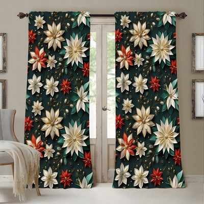 Pair of Christmas curtains with a 3D digital print of a snowy winter window scene, frosted trees, and snowflakes. - Image 2