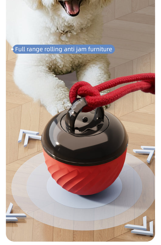 Red and black smart interactive pet toy ball with a textured swirl pattern and an attached red rope. - Image 23