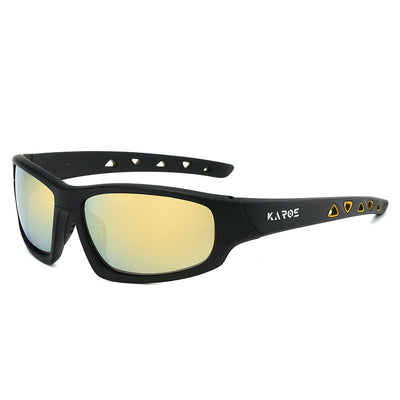 Black sports sunglasses with red mirrored lenses, featuring a wrap-around style and red accents on the temples. - Image 13