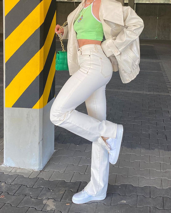 Pantalón Recto Cintura Alta con Cordones y Drapeado Elegante para Mujer