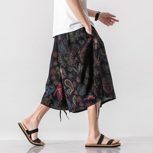 Pantalones Cortos Holgados Estilo Chino con Estampado Floral y Elefante