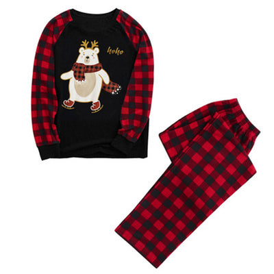 Kids' Christmas pajamas with a black long-sleeve top featuring a cartoon bear in a plaid scarf and ice skates, paired with red and black plaid pants. - Image 8