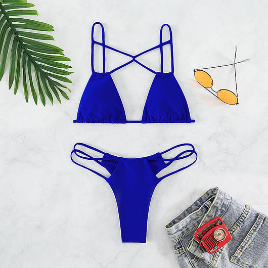 Red bean paste women's bikini swimwear with a triangle top and high-cut double-strap bottoms, laid flat. - Image 17