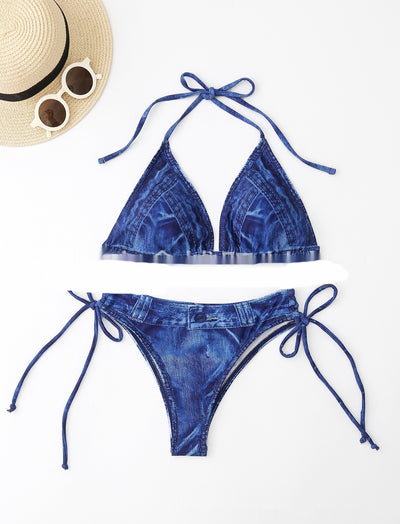Women's light blue denim print two-piece bikini swimsuit with a halter neck top and tie-side bottoms, styled with a straw hat and sunglasses. - Image 7